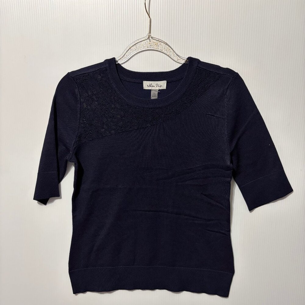 Melissa‎ Paige Sweater XS Navy Blue Lace Knit Short Sleeve Top Luxe Coquette